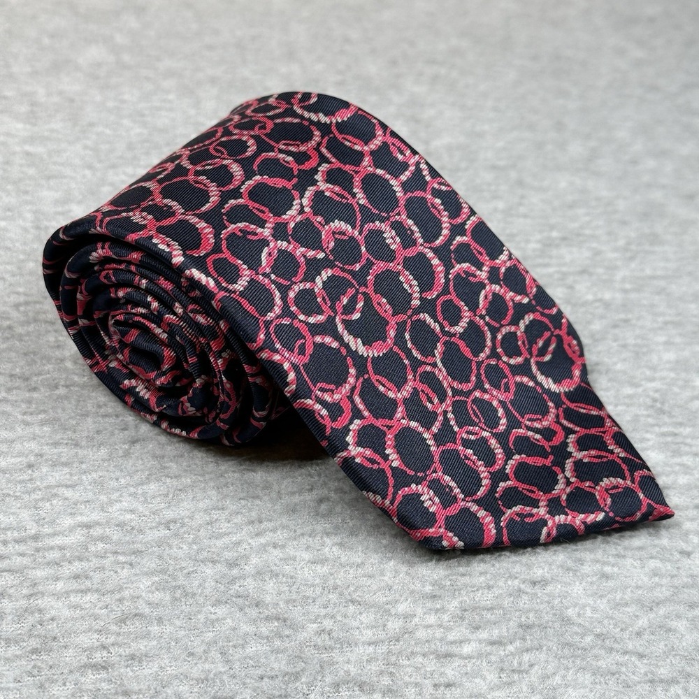 Vintage Christian Dior Silk Navy Pink Circle Pattern Designer Necktie USA 58x3.5